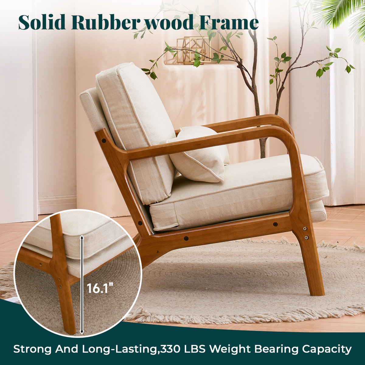 Lemley Mid Century Solid Wood Accent Chair Upholstered Armchair with an Extra Pillow